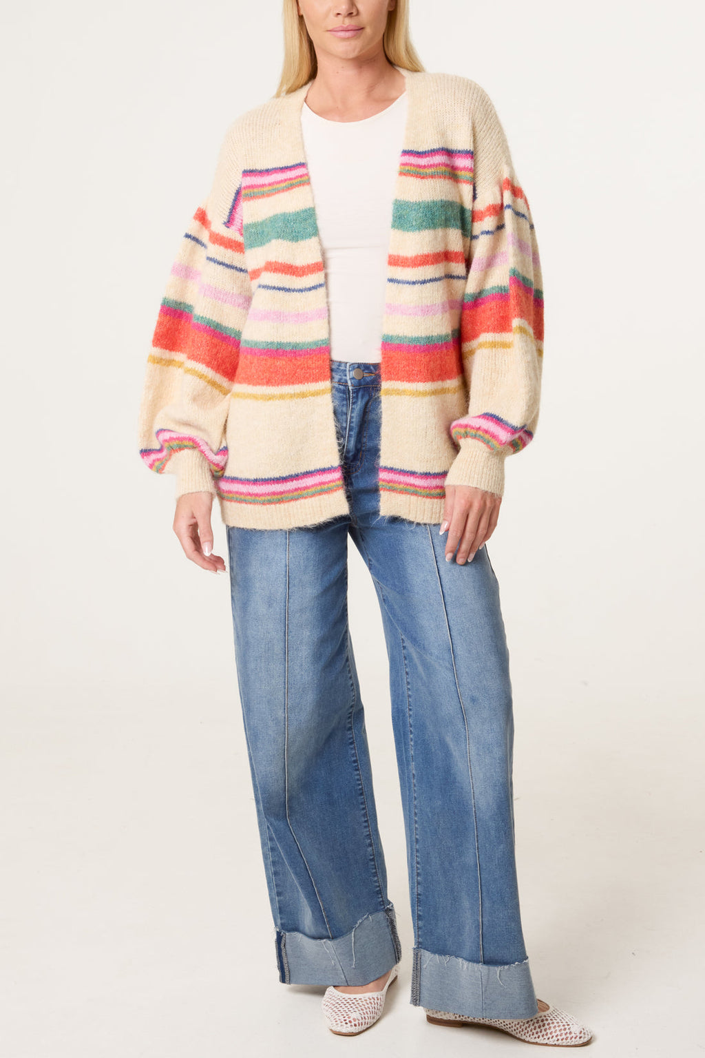 Annie Balloon Sleeve Multicolour Stripe Knit Cardigan