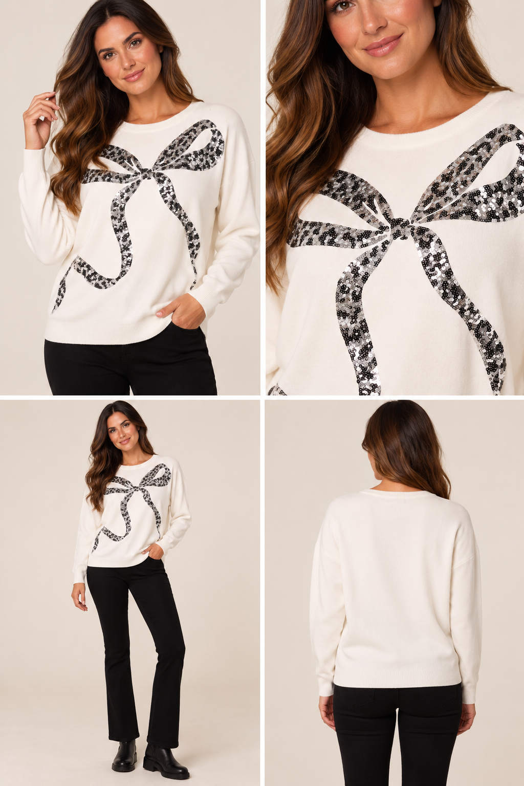 Leopard Bow Sequin Jumper Silver