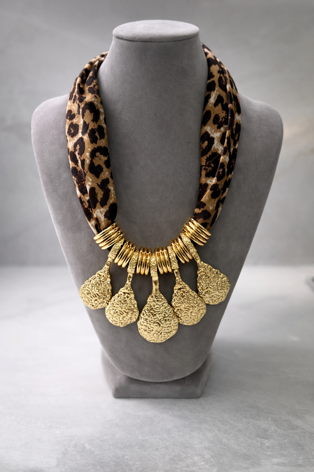 Gold statement scarf necklace with leopard scarf