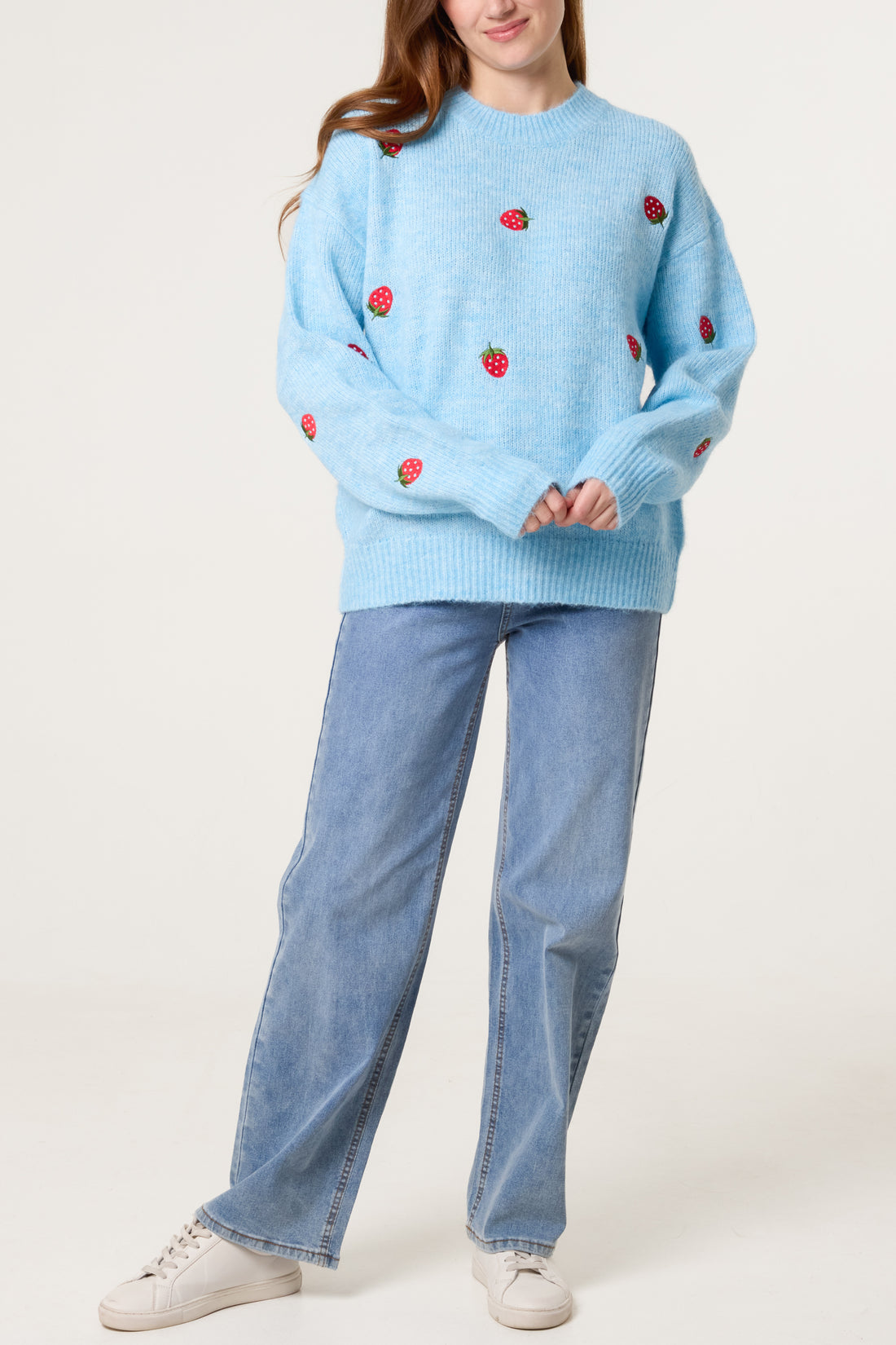 🍓Strawberry Embroidered Jumper — Blue