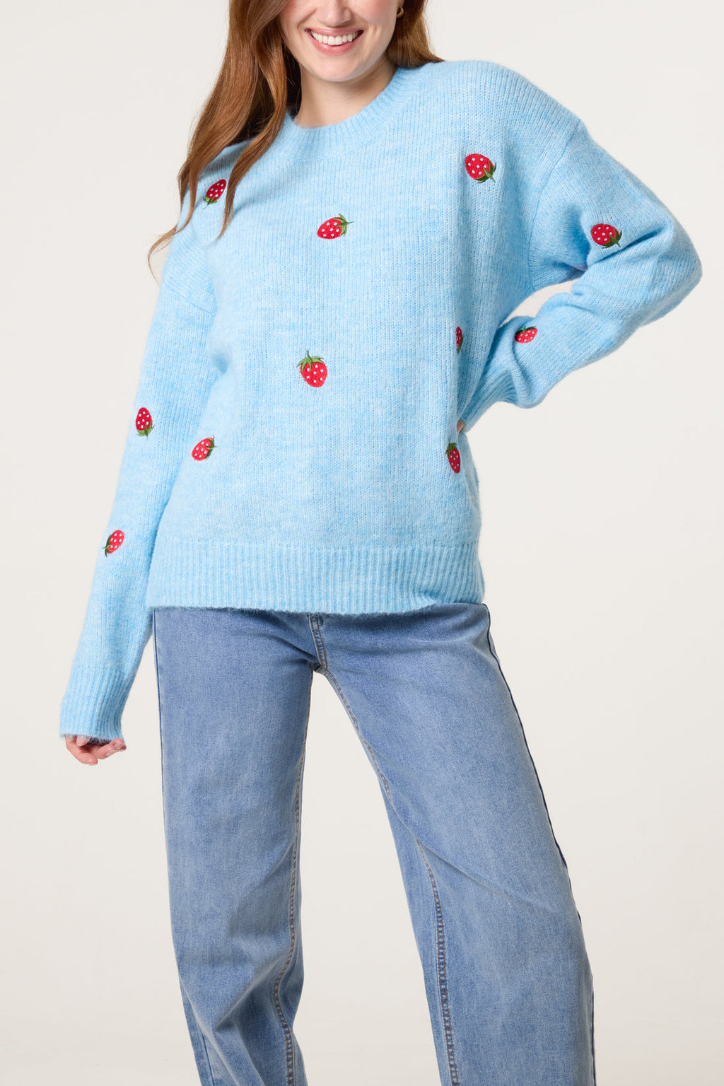 🍓Strawberry Embroidered Jumper — Blue