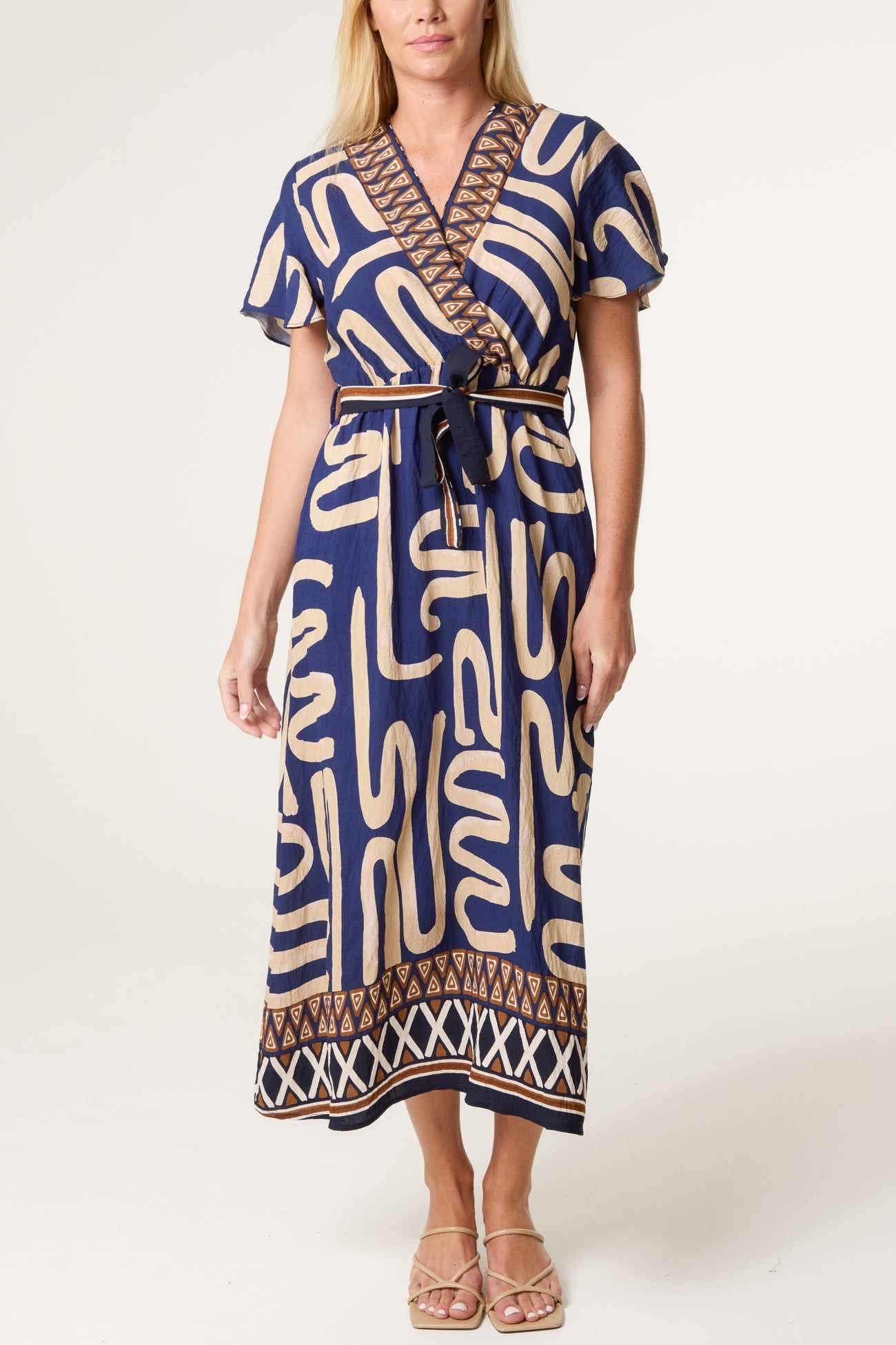 Reba Abstract & Border Wrap Tie Dress