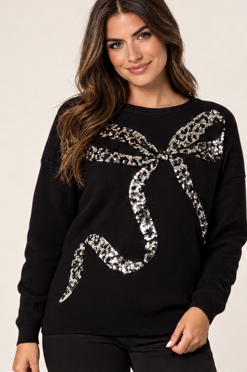 Leopard Bow Sequin Jumper Silver