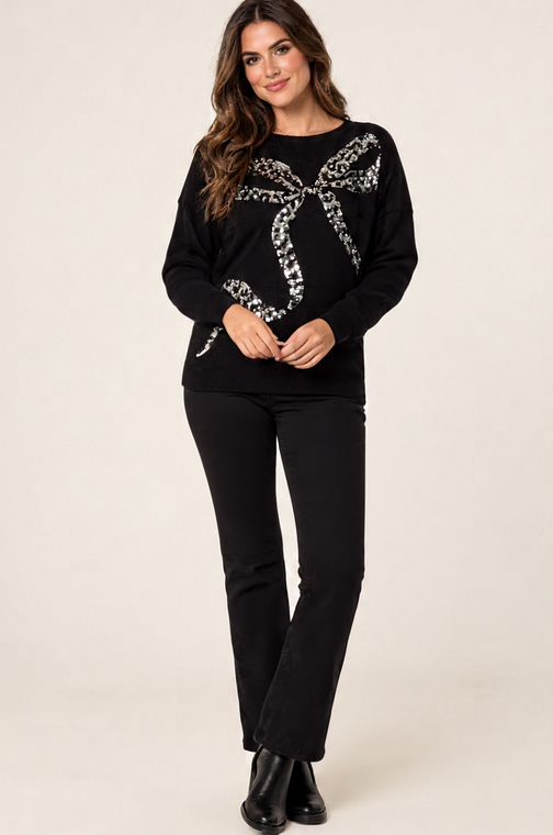 Leopard Bow Sequin Jumper Silver