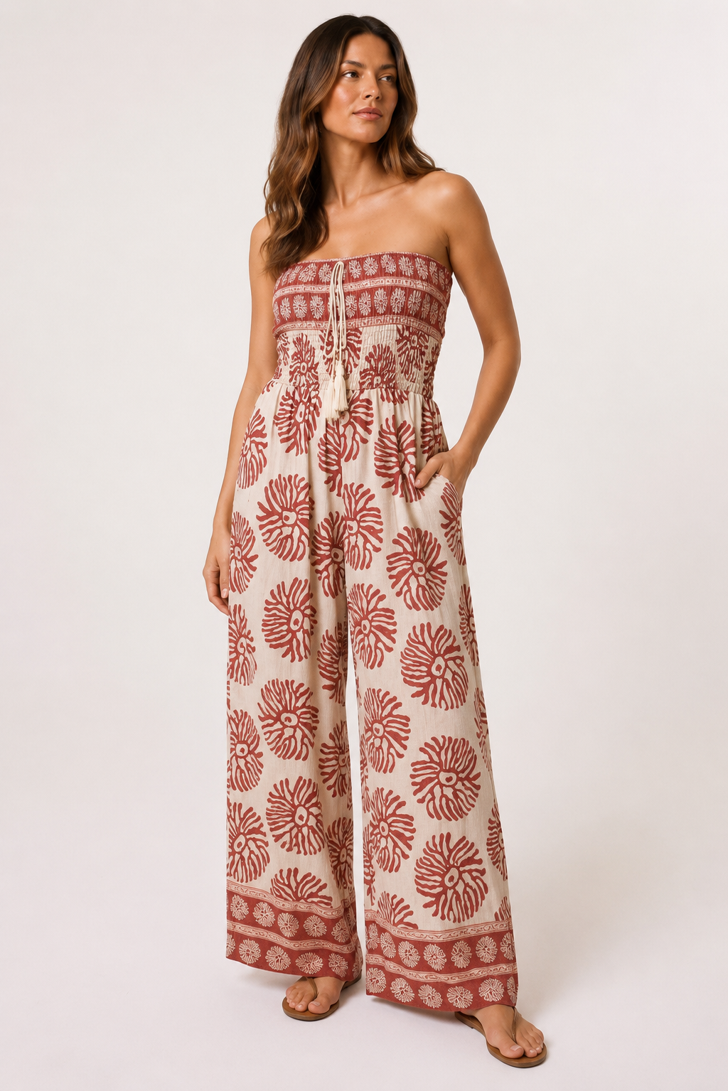 Coral embellished printed shirred bandeau jumpsuit