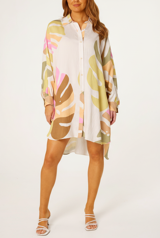 Zinnia Abstract Leaf Oversized Shirt Dress