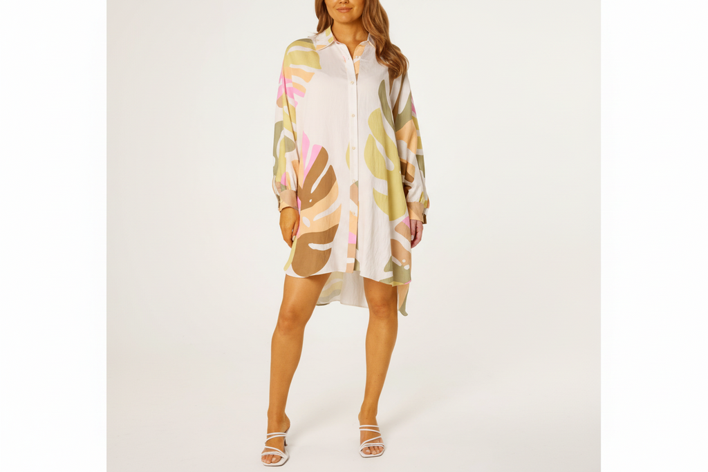 Zinnia Abstract Leaf Oversized Shirt Dress