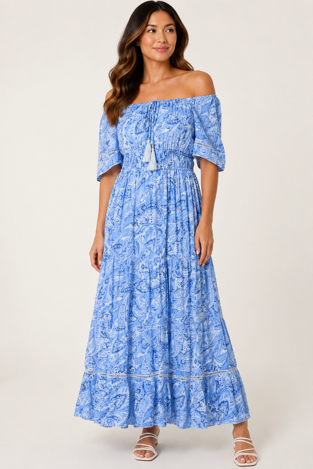 Delta ladder trim lined viscose bardot dress