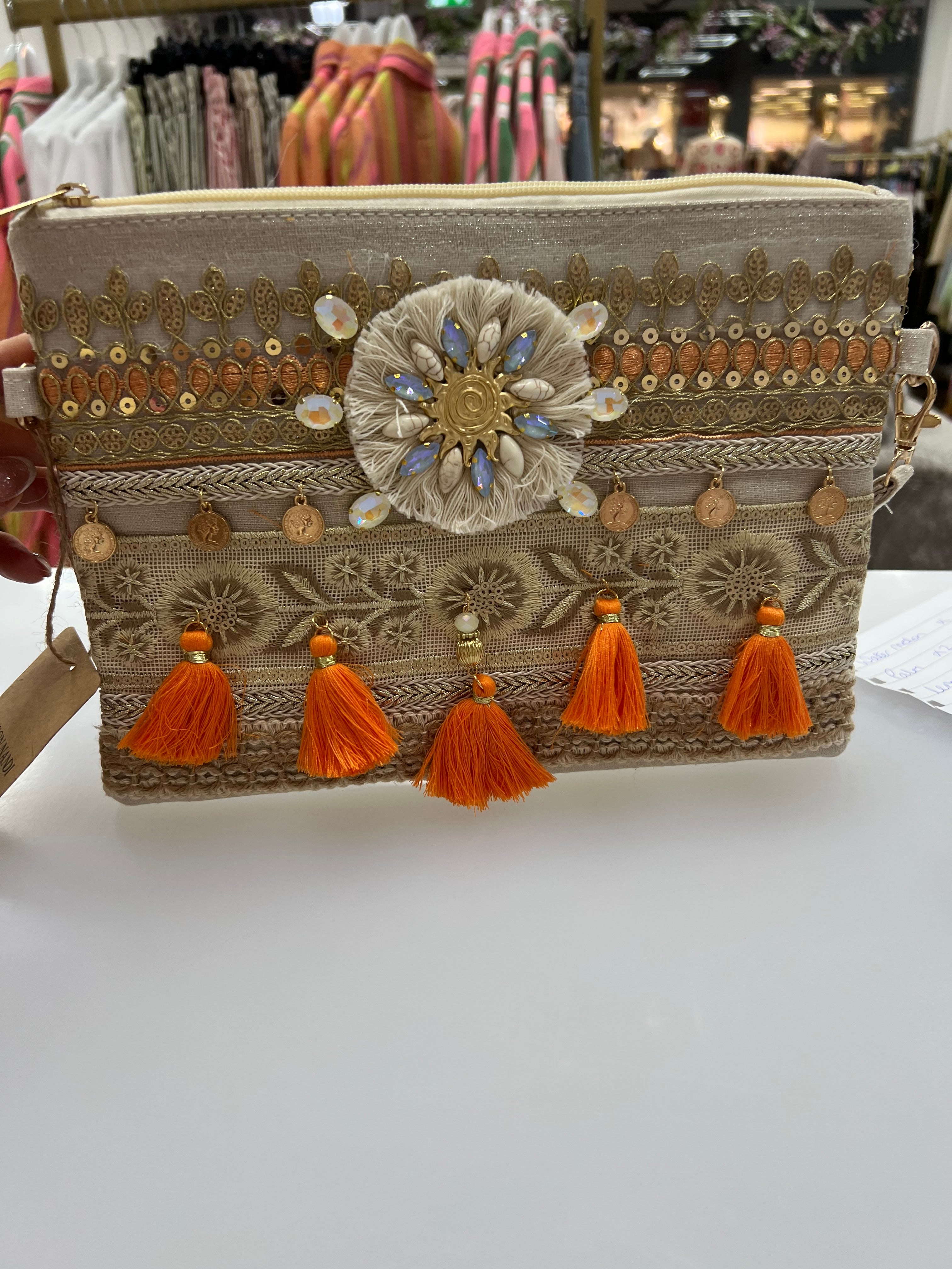 🧡 Orange Sun & Coin– Embellished Boho Clutch