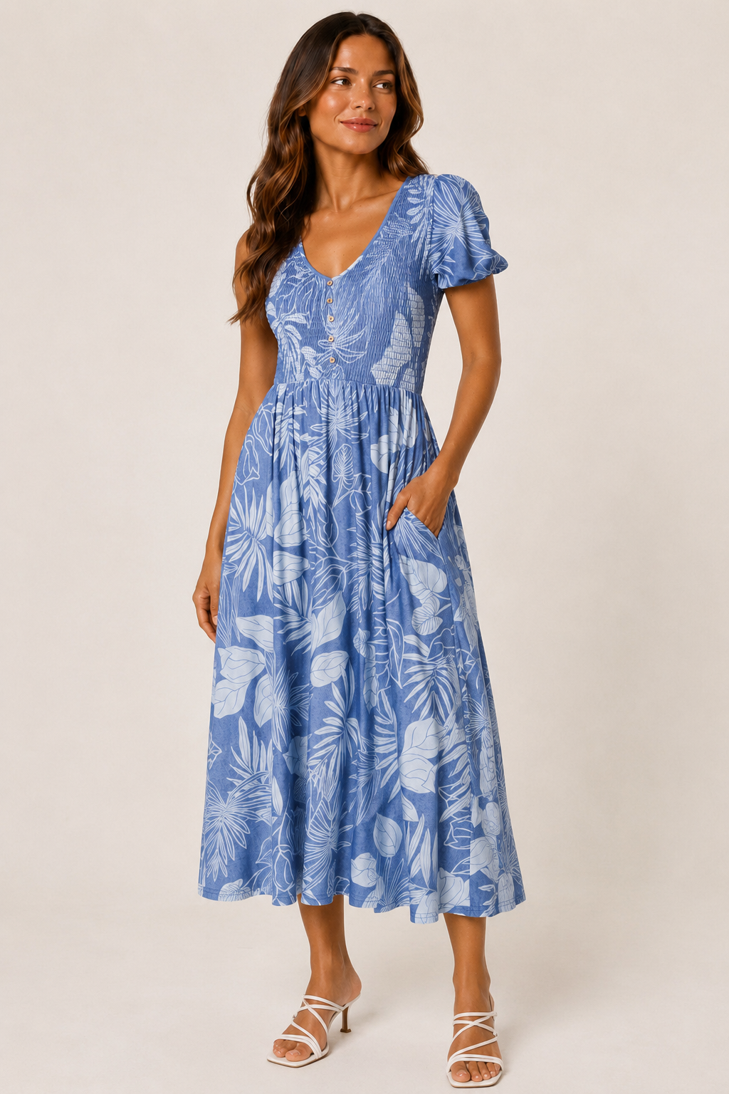 Donna Shirred Scoop Neck Leaf Print Dress – Denim