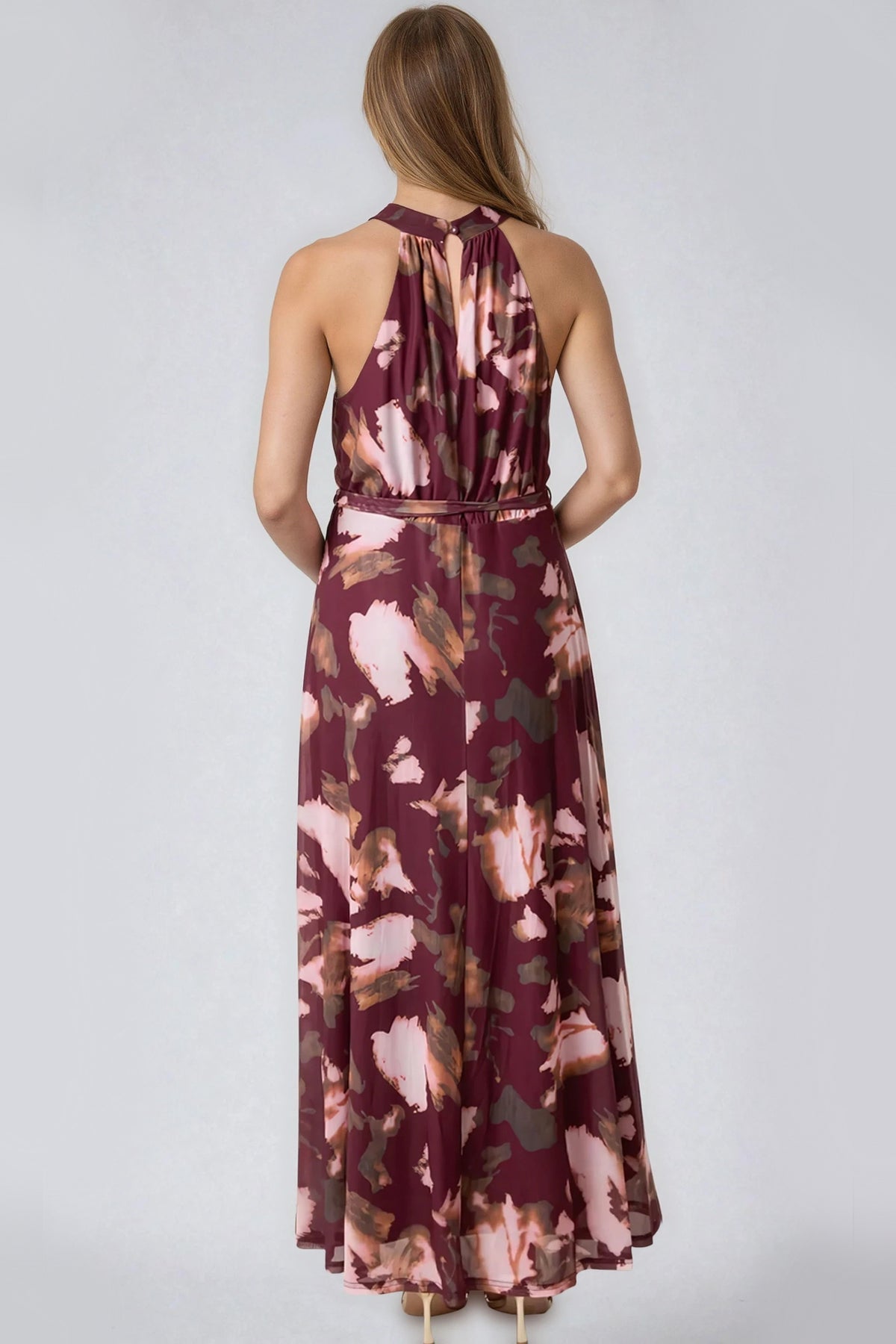 Sierra Mesh Halterneck Belted Maxi Dress