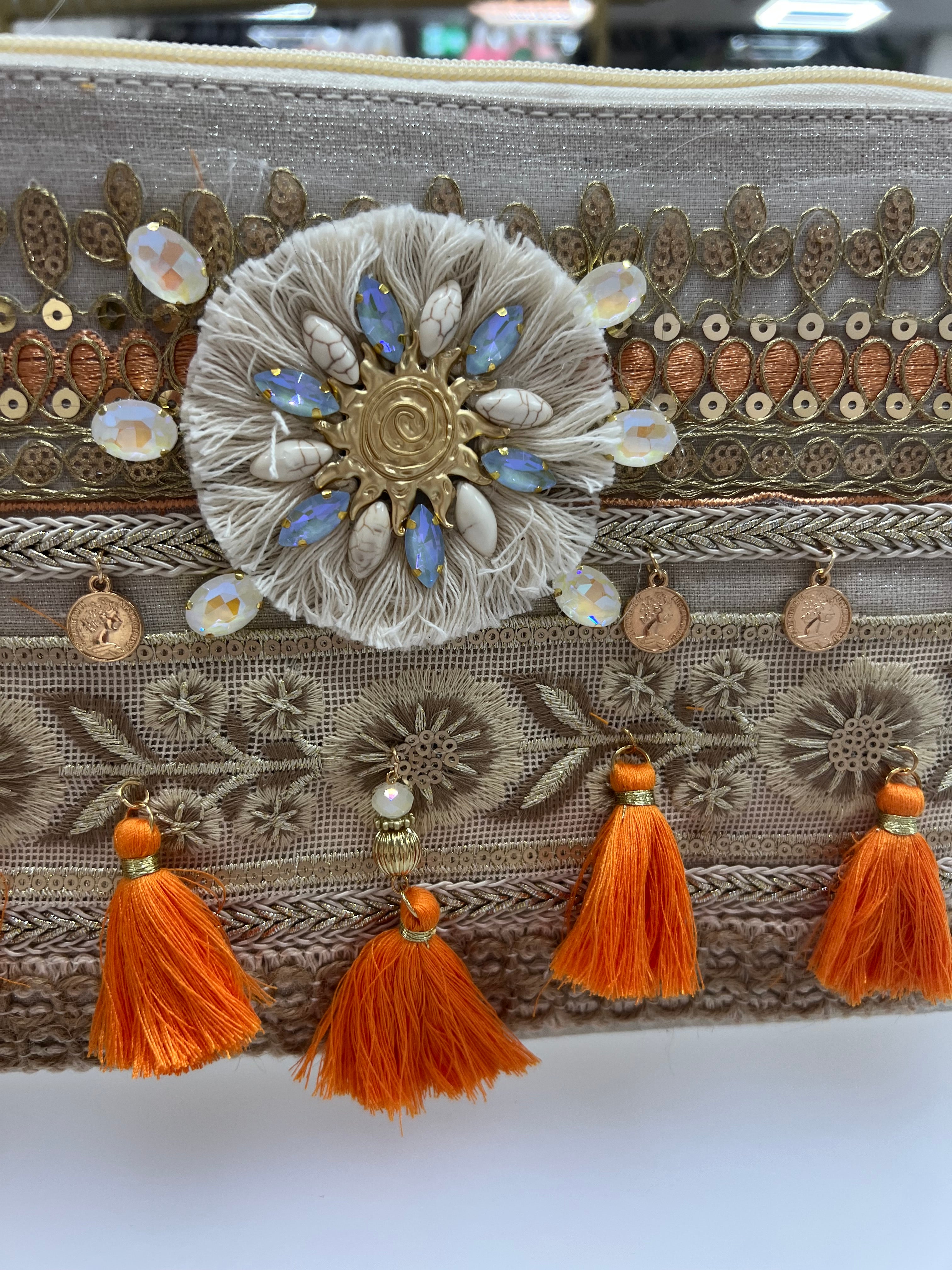 🧡 Orange Sun & Coin– Embellished Boho Clutch