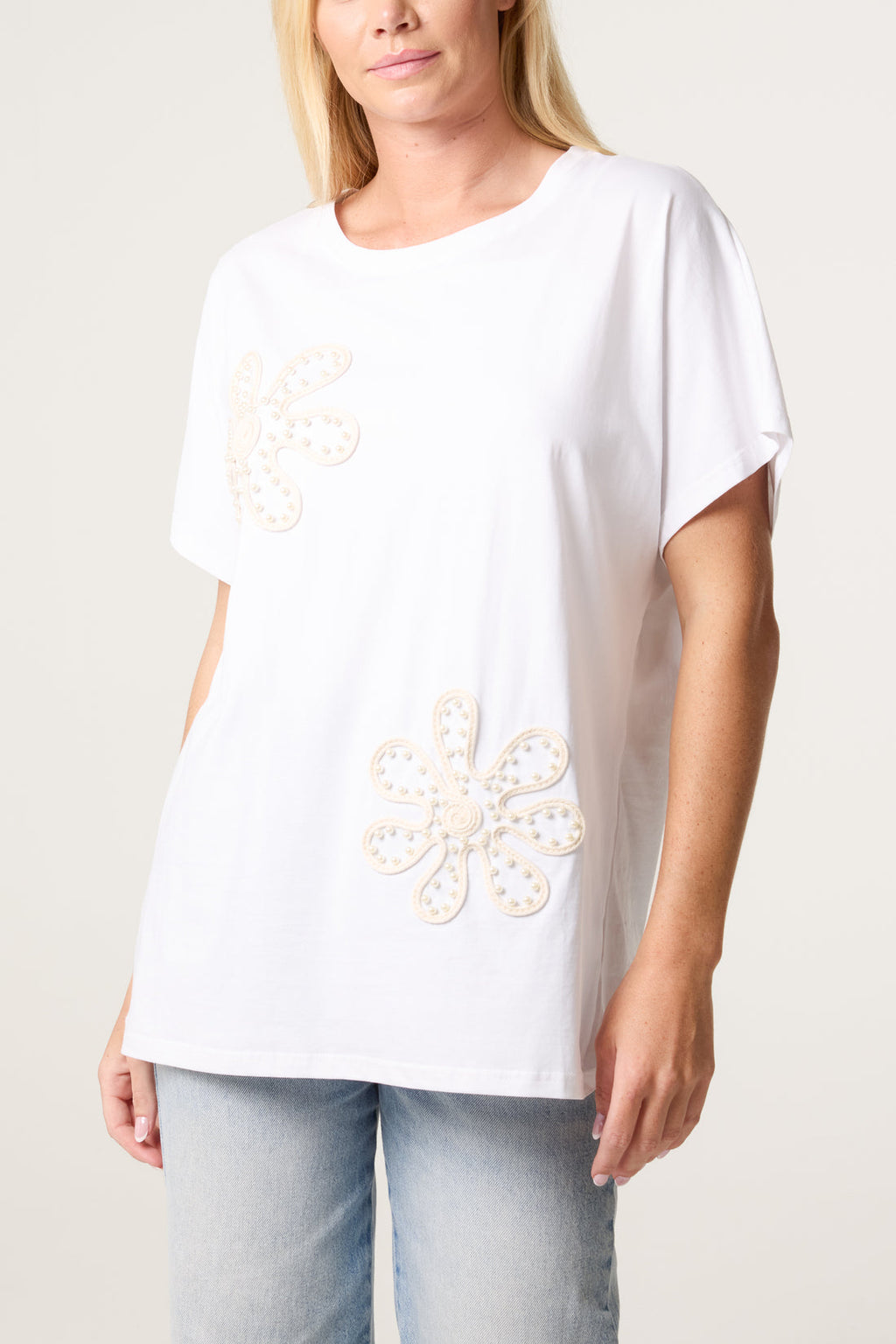 Flora Embellished & Embroidered T‑Shirt – Ivory