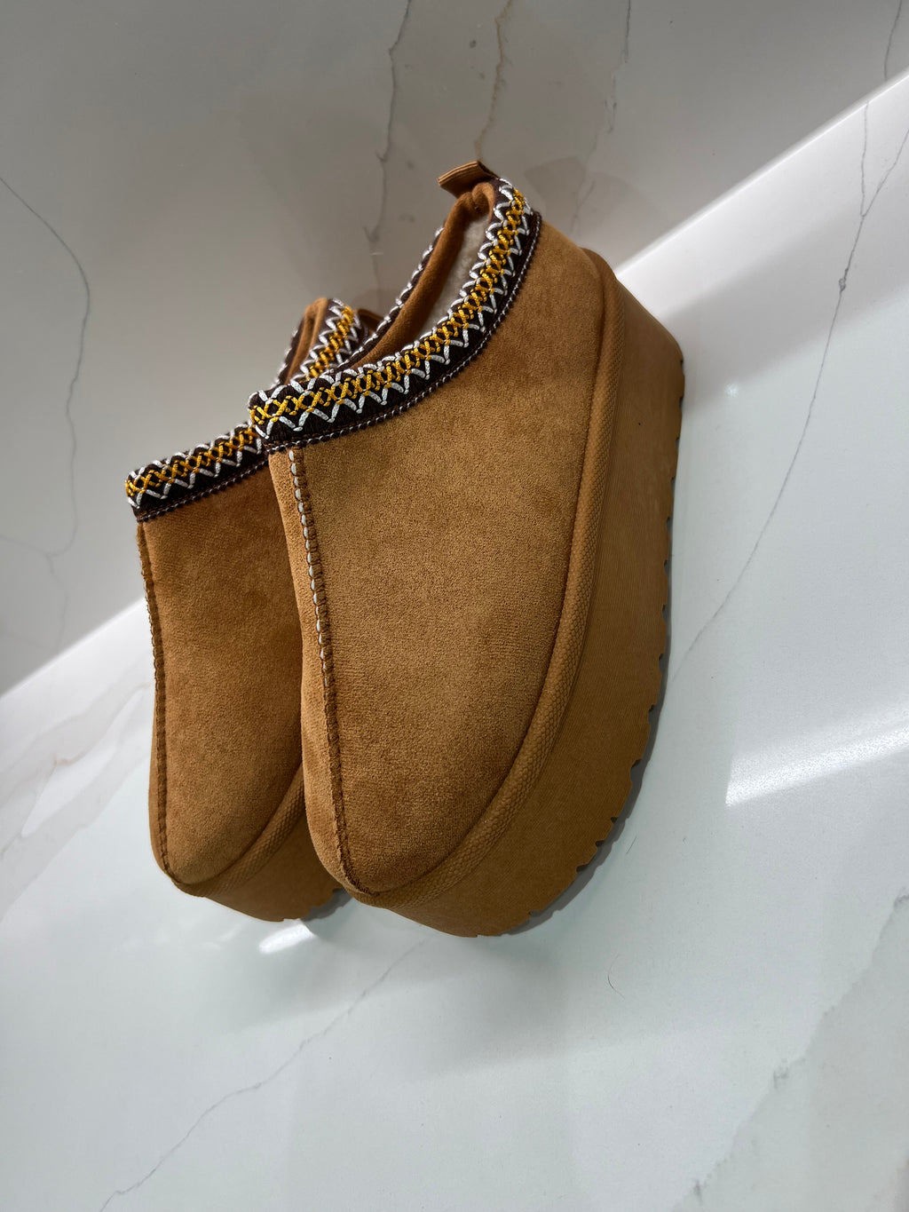 Camel Faux Fur Lined Platform Mules