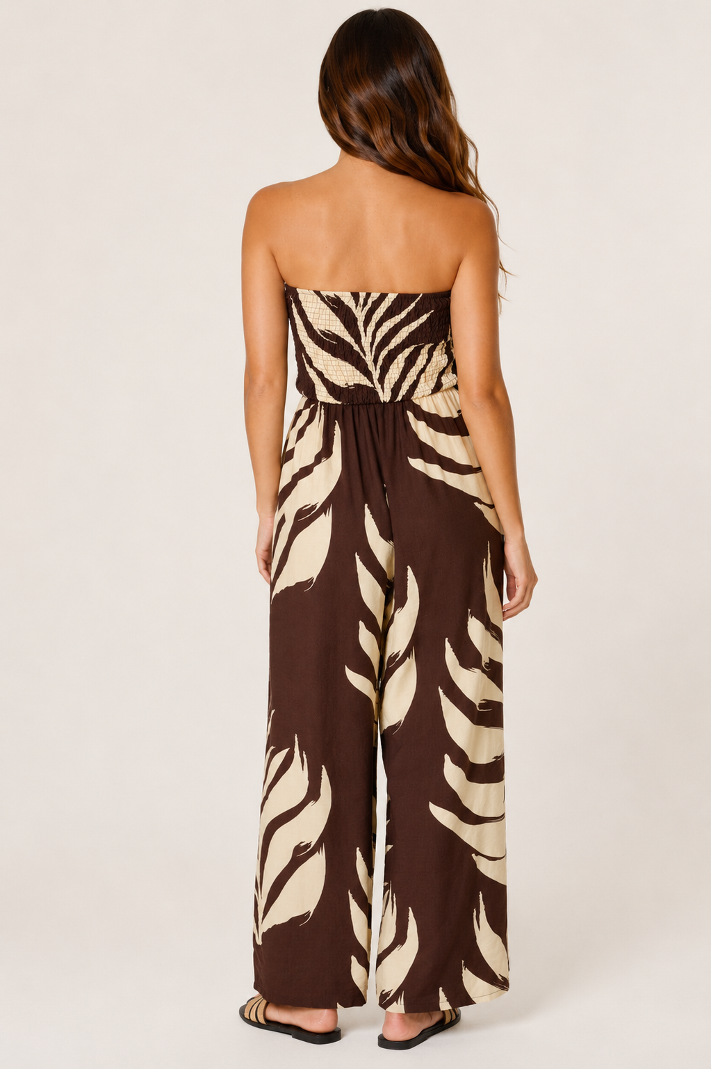 🌴 Beth Bandeau Tassel Leaf Print Jumpsuit Navy & Chocolate