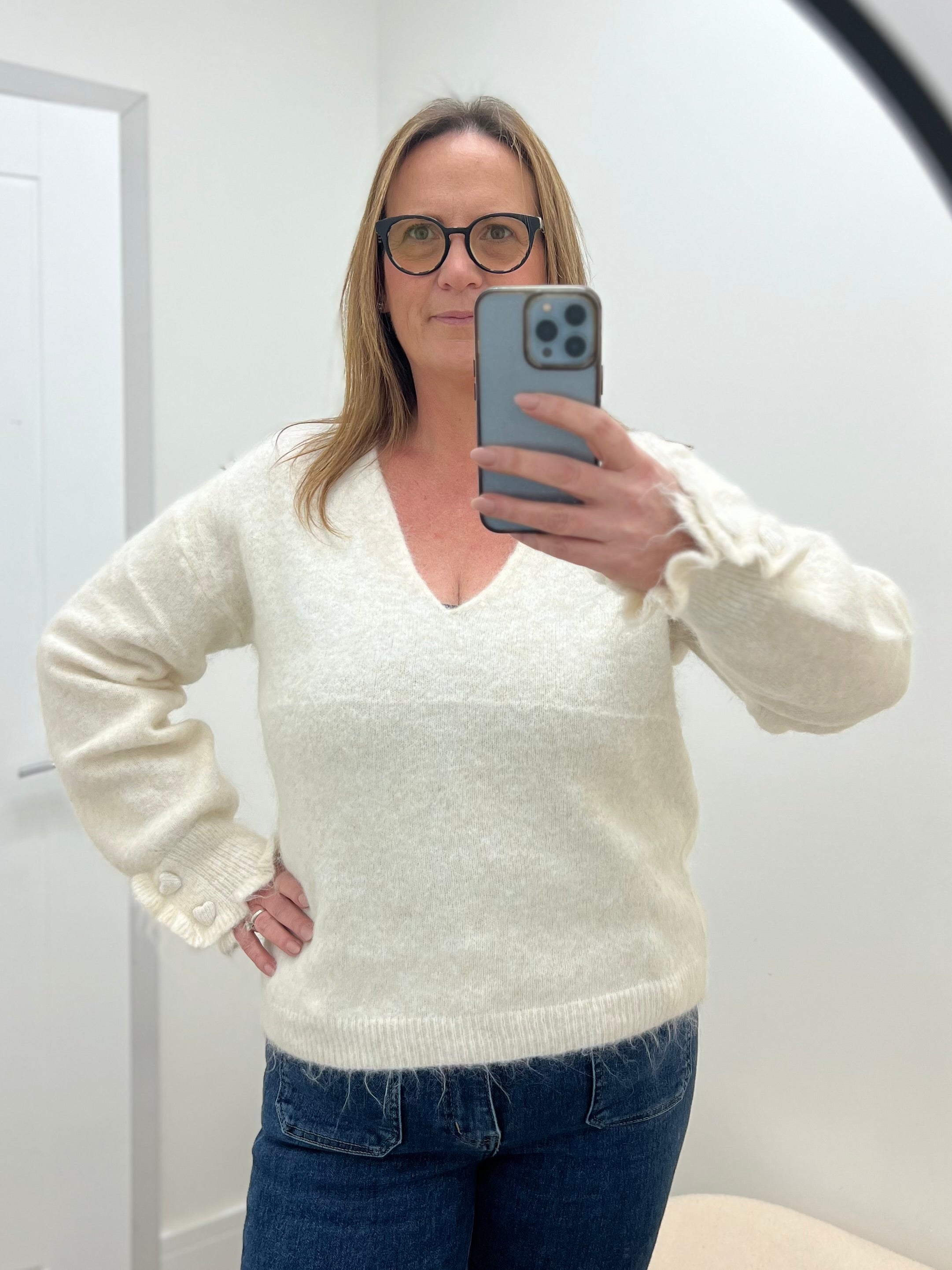 Heart Button V Neck Jumper