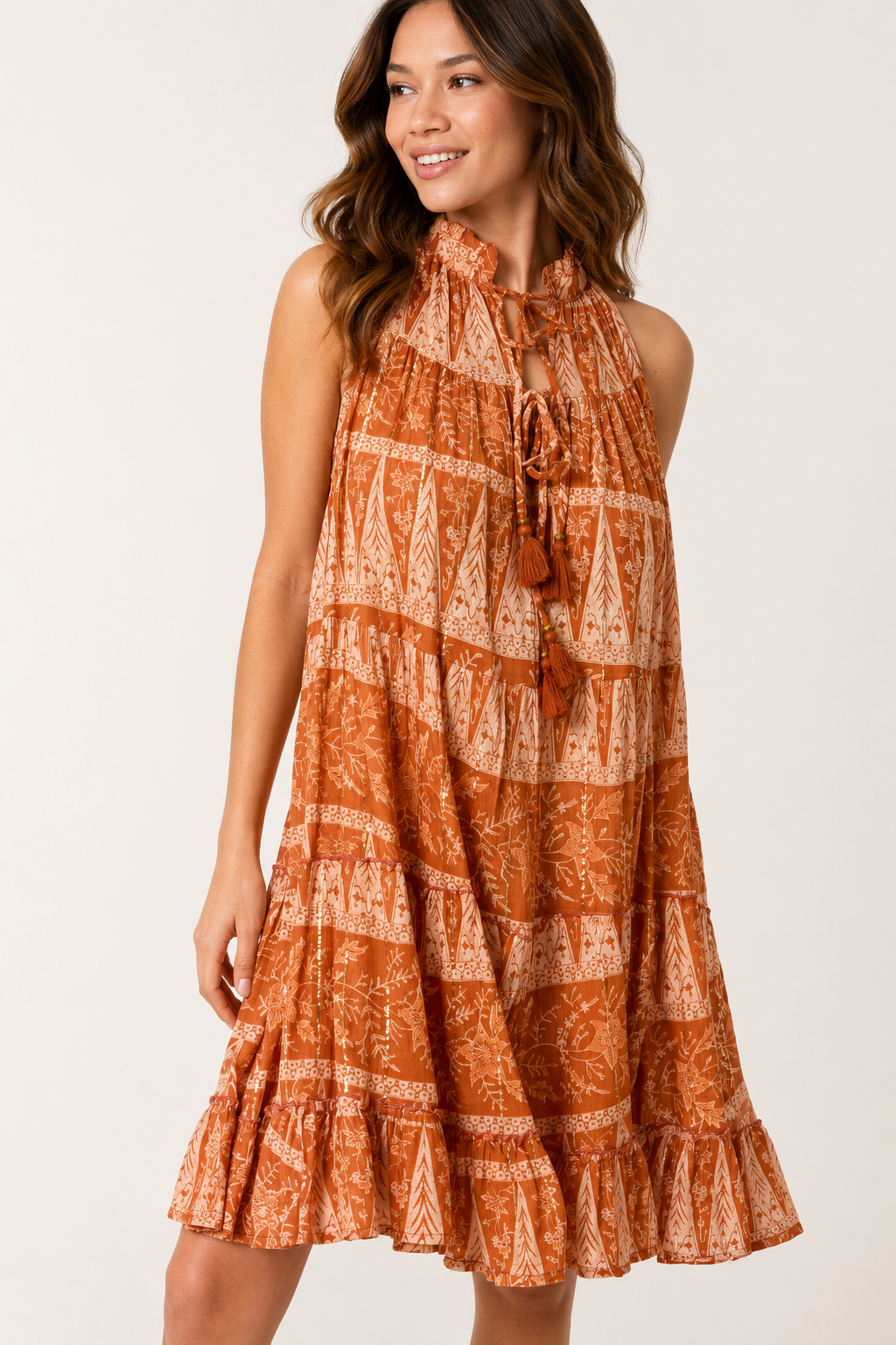 Sydney tassel high tie neck mini dress