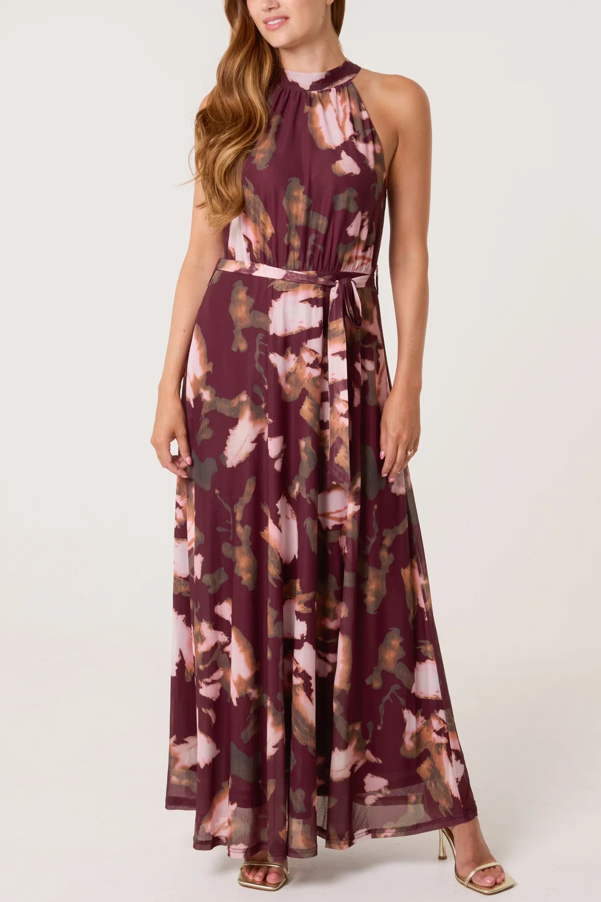 Sierra Mesh Halterneck Belted Maxi Dress