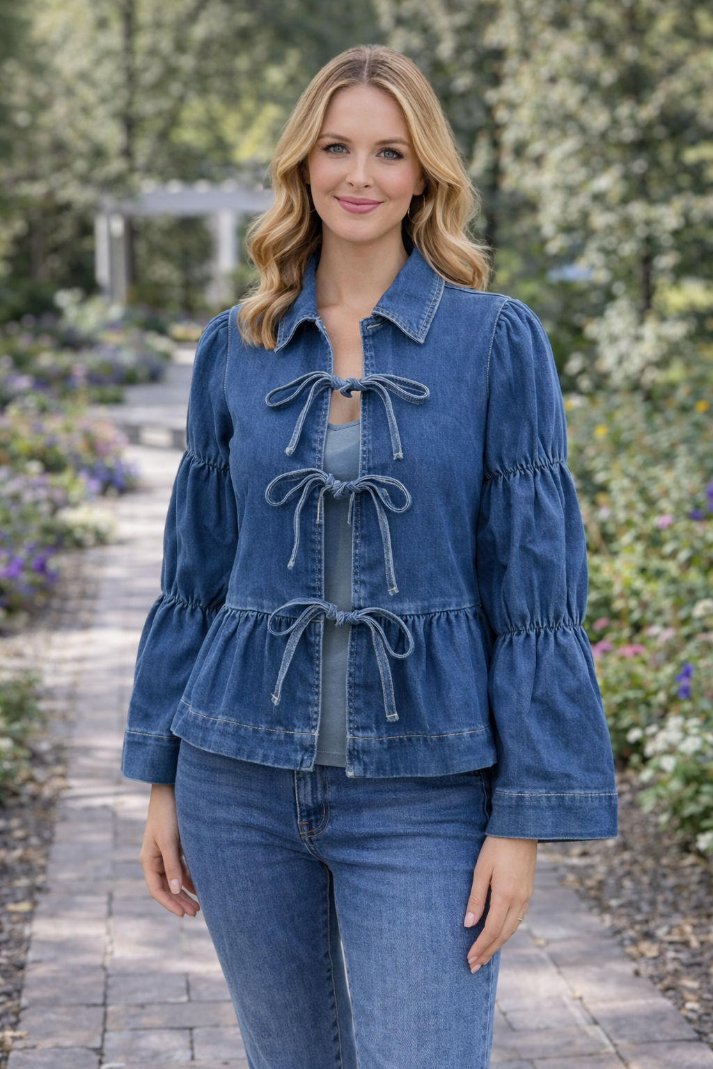 Denim Tie‑Front Peplum Jacket