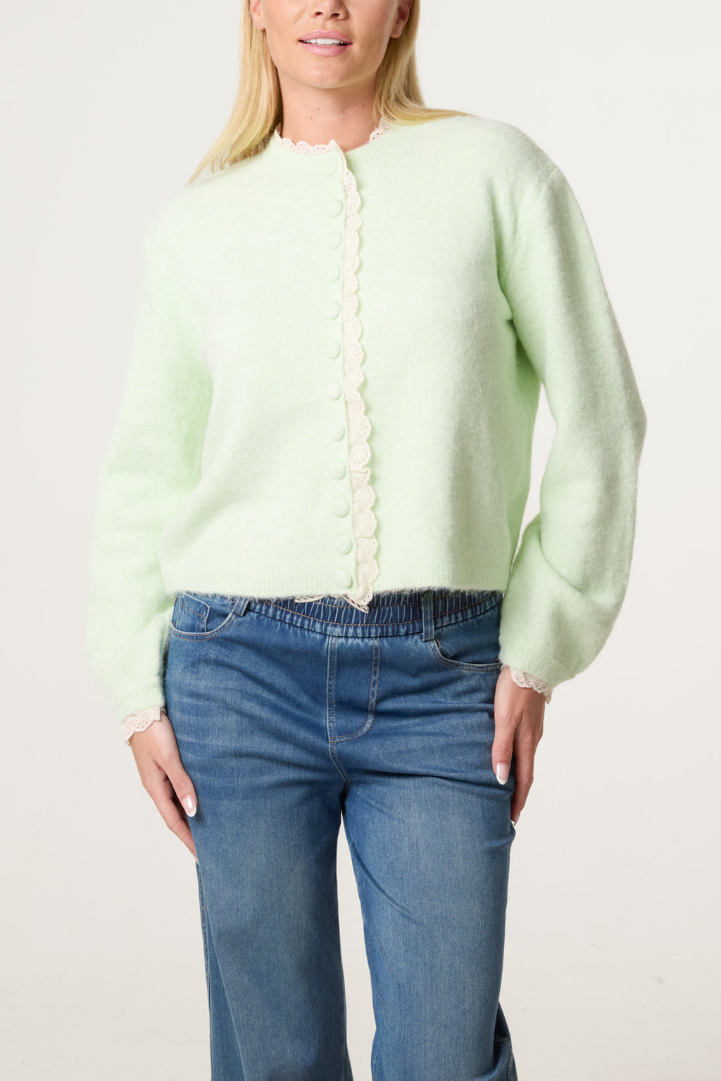 Lila Broderie Anglaise Trim Knit Cardigan Mint Final Sale Price No Returns