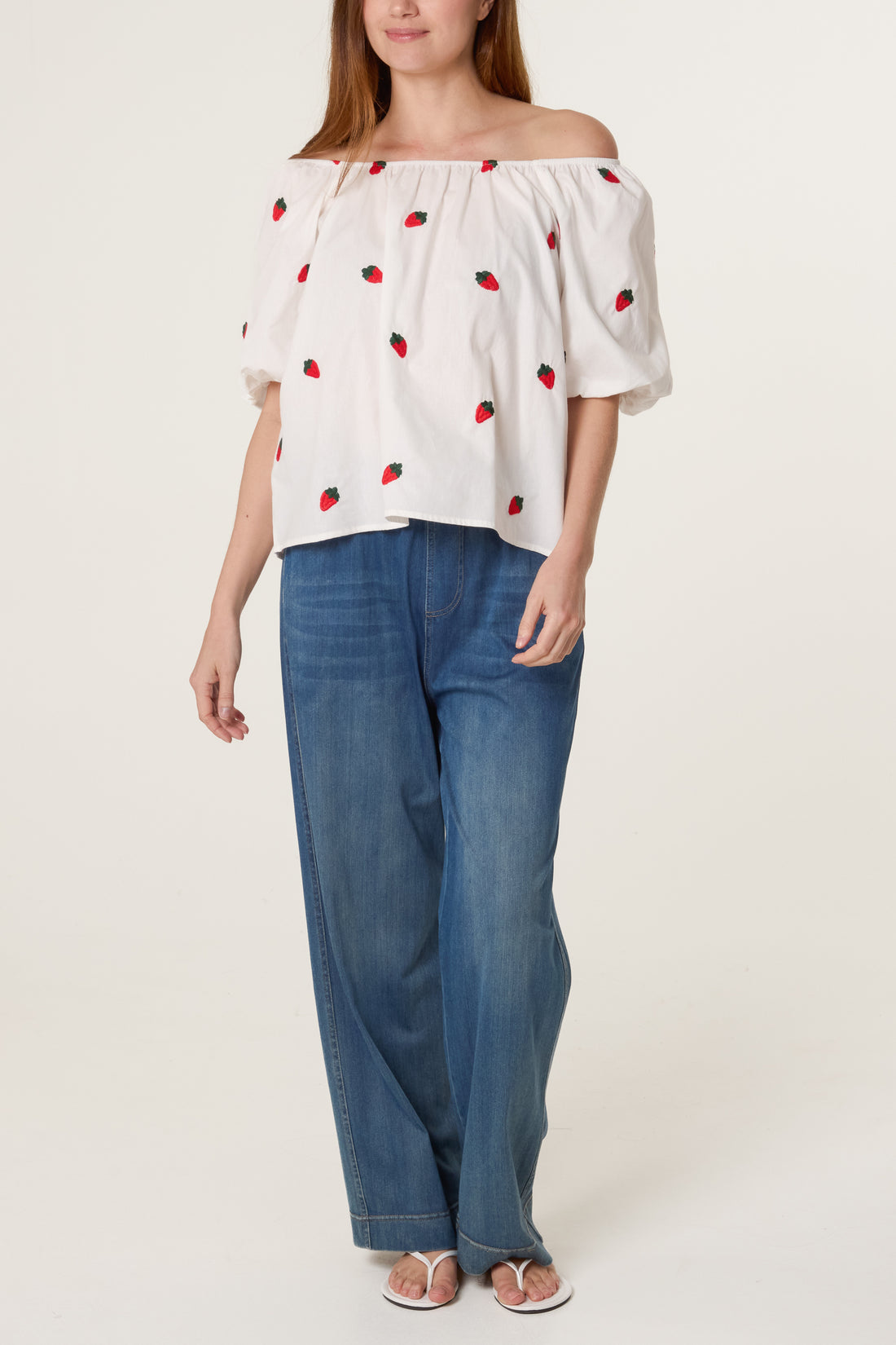 🍓Bardot Strawberry Embroidery Top