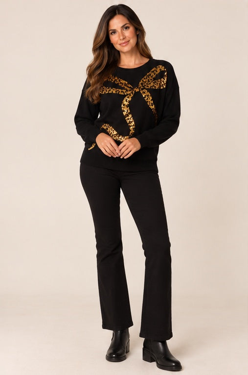 Leopard Bow Sequin Jumper Gold