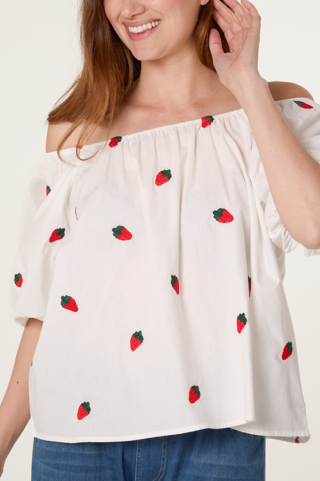 🍓Bardot Strawberry Embroidery Top