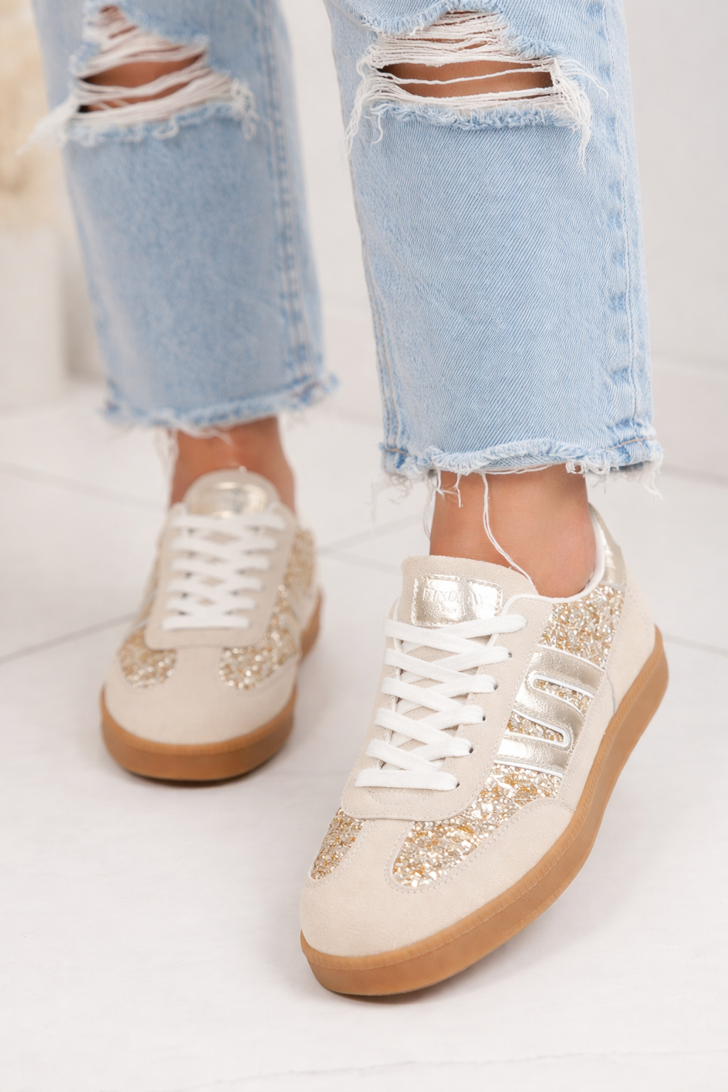 ✨ Alina — Beige & Gold Glitter Trainers