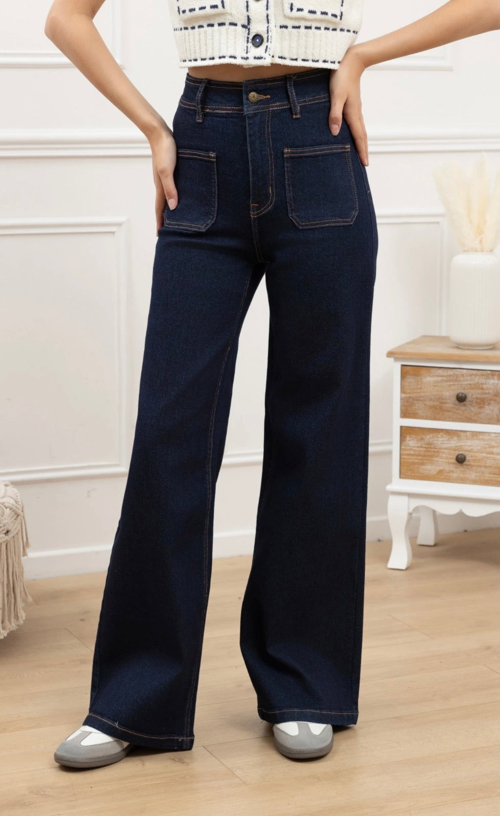 ✨ Indigo Blue Flared Stretch Jeans – Gold Button Detail