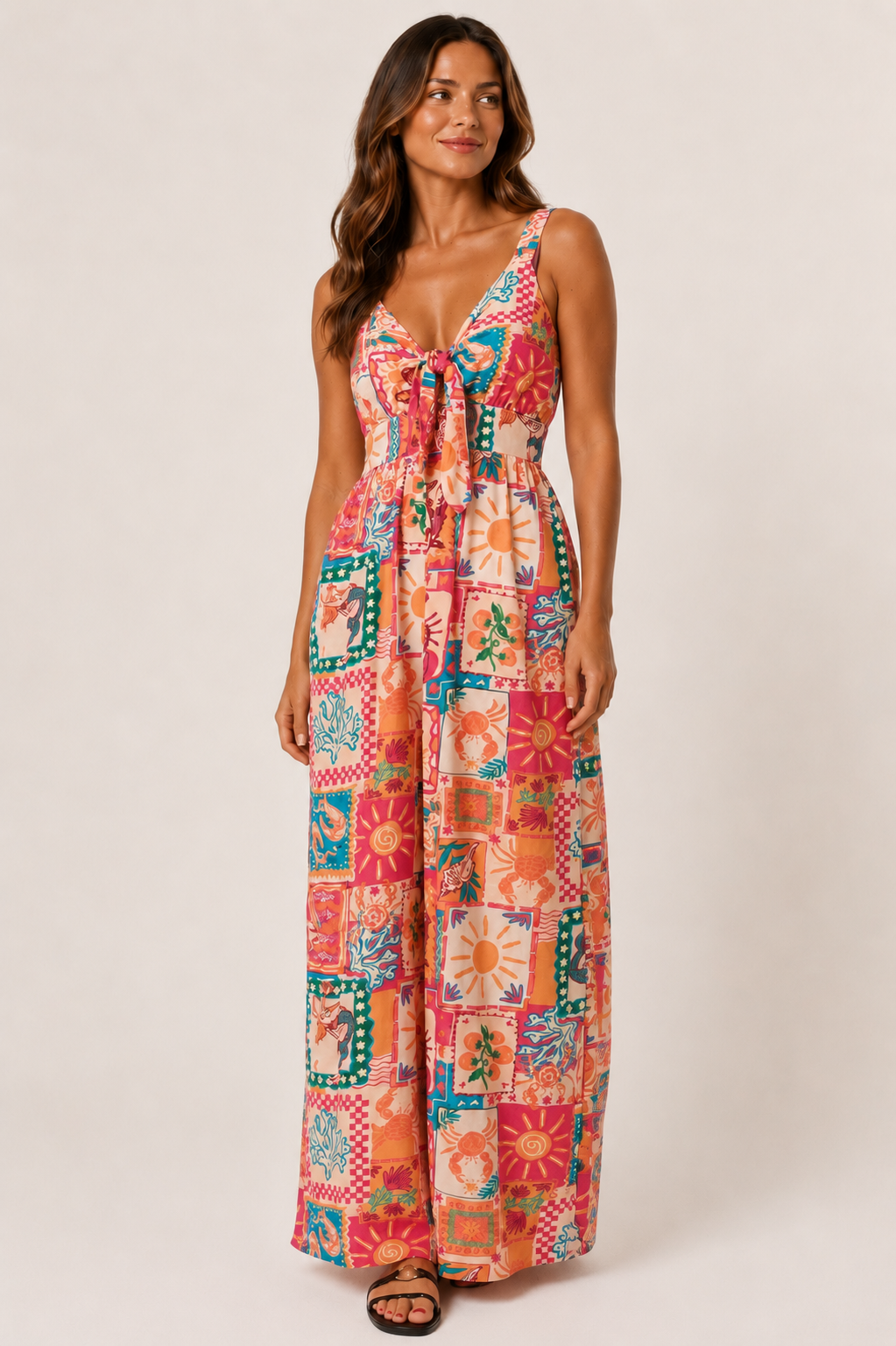 Clara orange colourful patchwork tie front jumpsuit