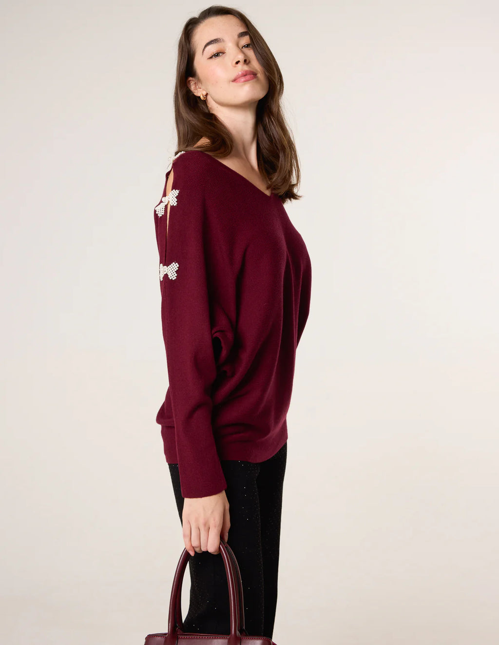 🎀 Pearl Bow Cut-Out Sleeve Jumper