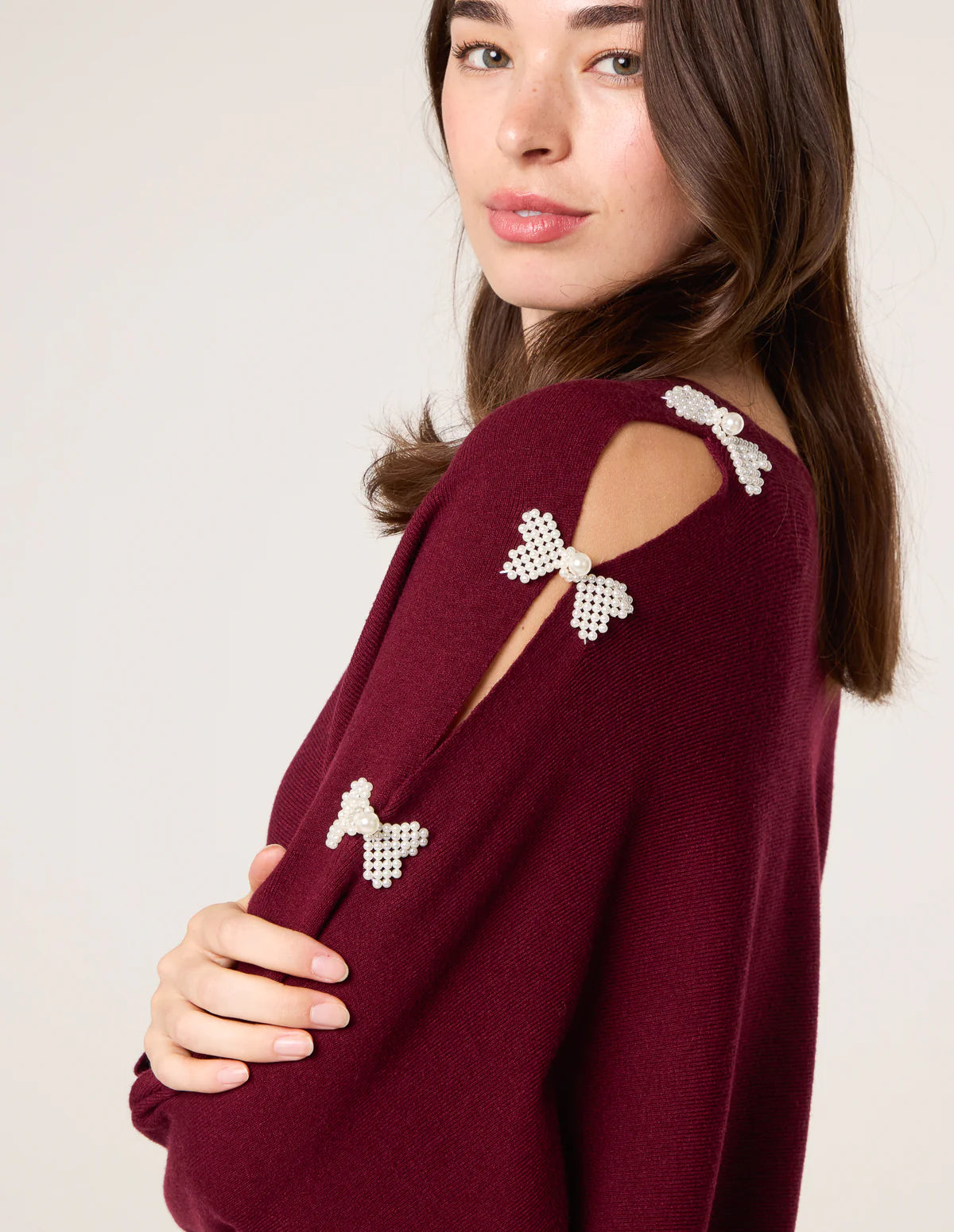 🎀 Pearl Bow Cut-Out Sleeve Jumper