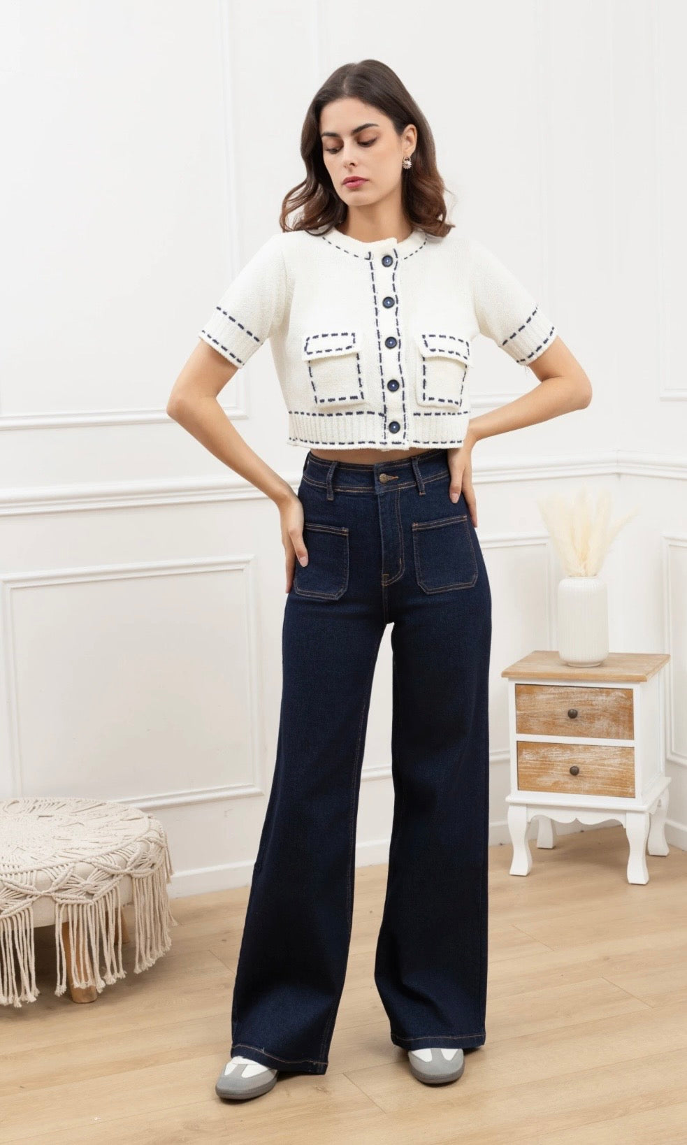 ✨ Indigo Blue Flared Stretch Jeans – Gold Button Detail