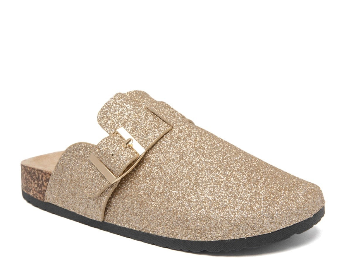 Golden Glimmer Buckle Clog