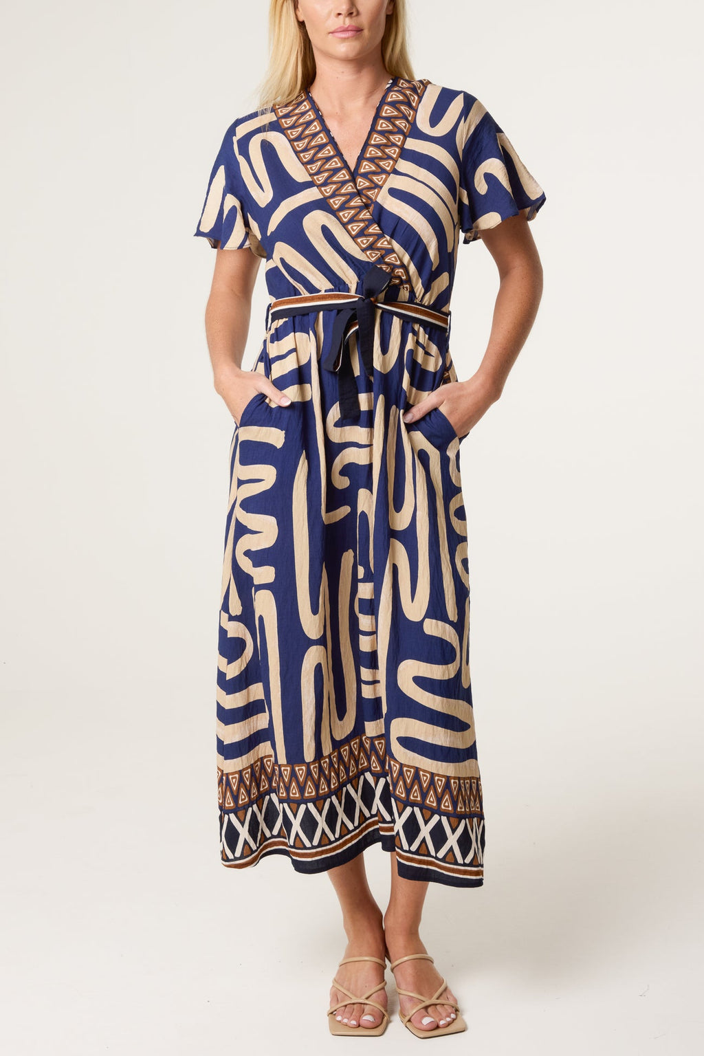 Reba Abstract & Border Wrap Tie Dress