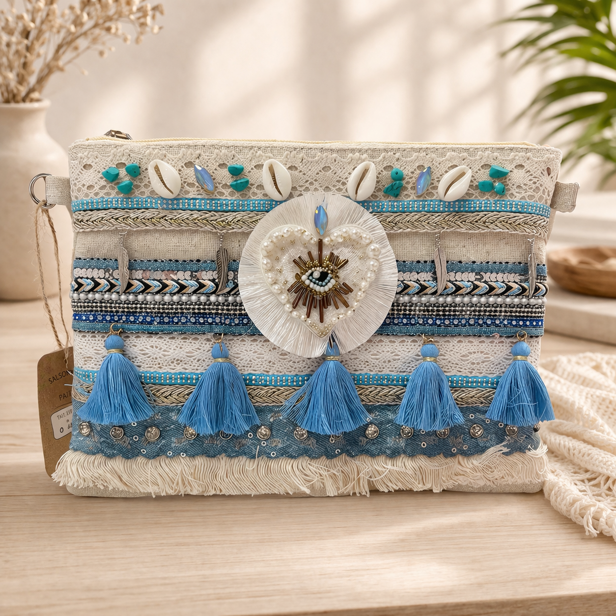 🌊 Blue Eye – Embellished Boho Clutch