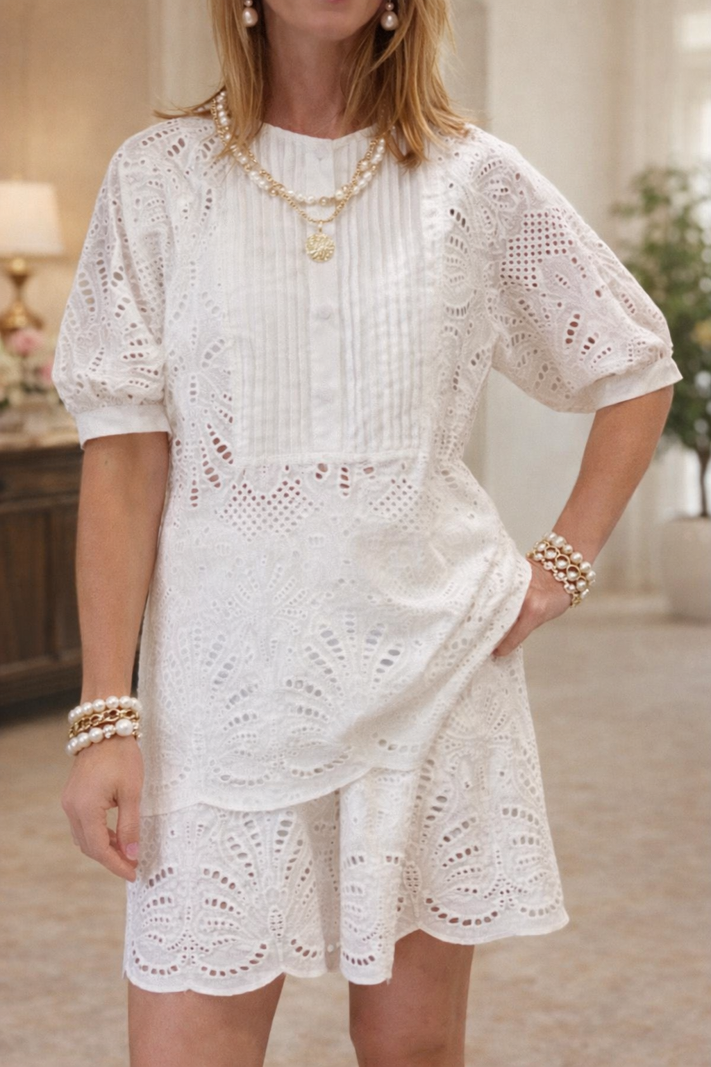Embroidered Short Set – White & Beige