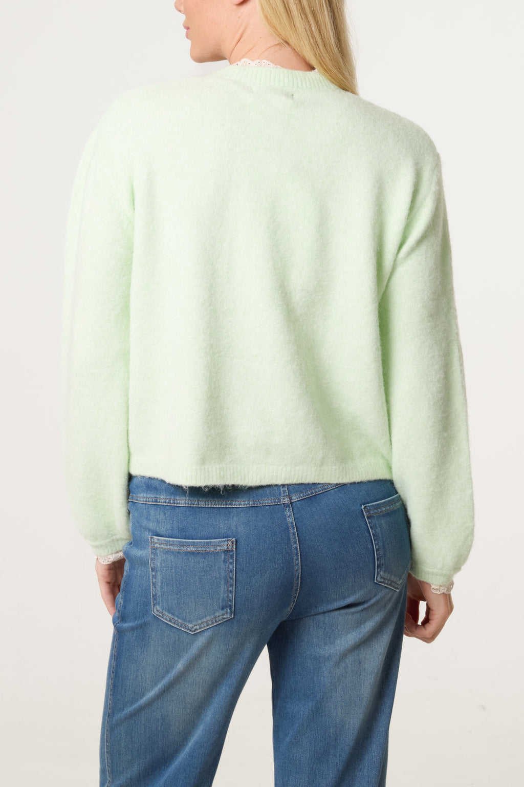 Lila Broderie Anglaise Trim Knit Cardigan Mint Final Sale Price No Returns