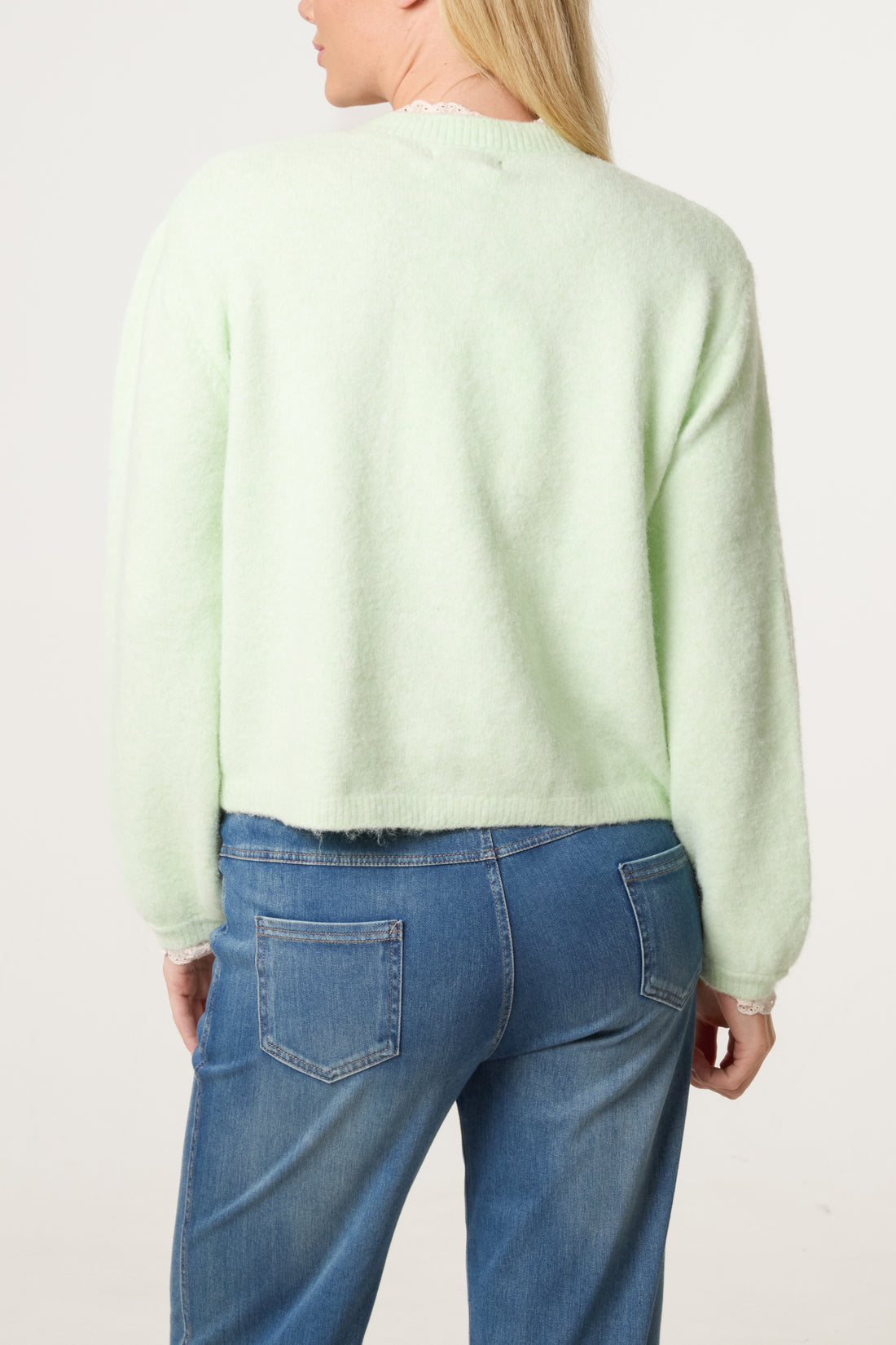 Lila Broderie Anglaise Trim Knit Cardigan Mint Final Sale Price No Returns
