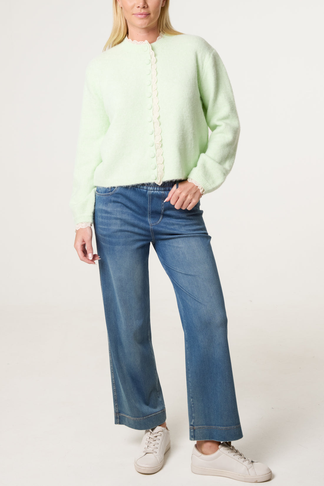 Lila Broderie Anglaise Trim Knit Cardigan Mint Final Sale Price No Returns