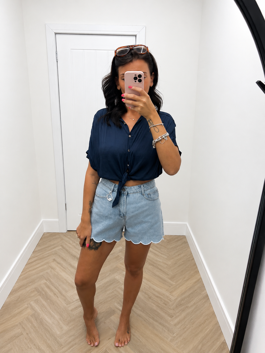 Casy Scalloped Light Denim Shorts
