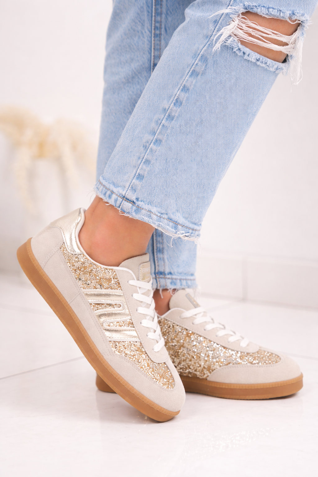✨ Alina — Beige & Gold Glitter Trainers