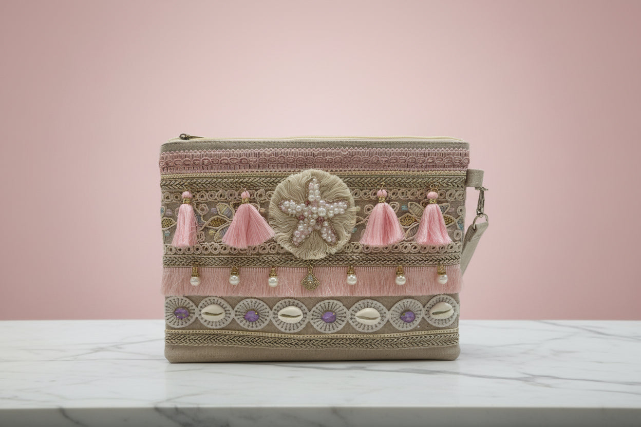 🌸 Pink Starfish – Embellished Boho Clutch