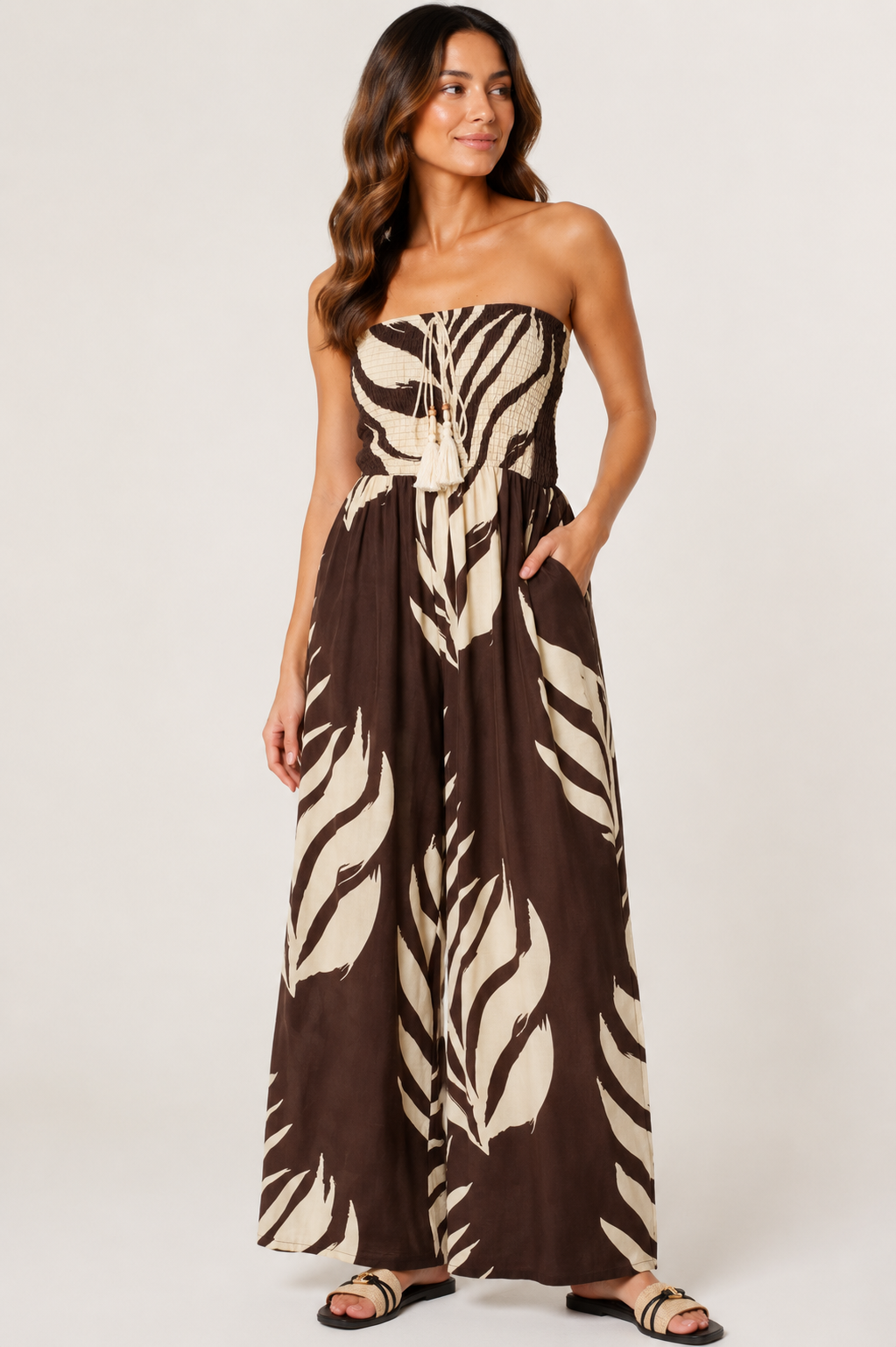🌴 Beth Bandeau Tassel Leaf Print Jumpsuit Navy & Chocolate