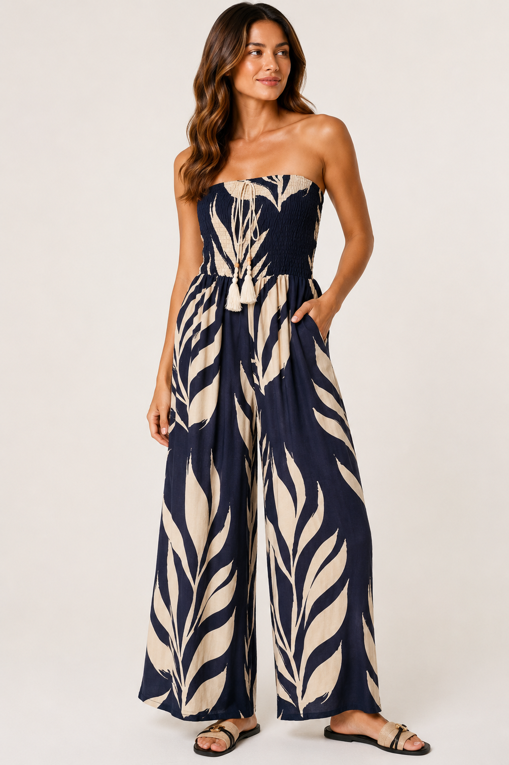 🌴 Beth Bandeau Tassel Leaf Print Jumpsuit Navy & Chocolate
