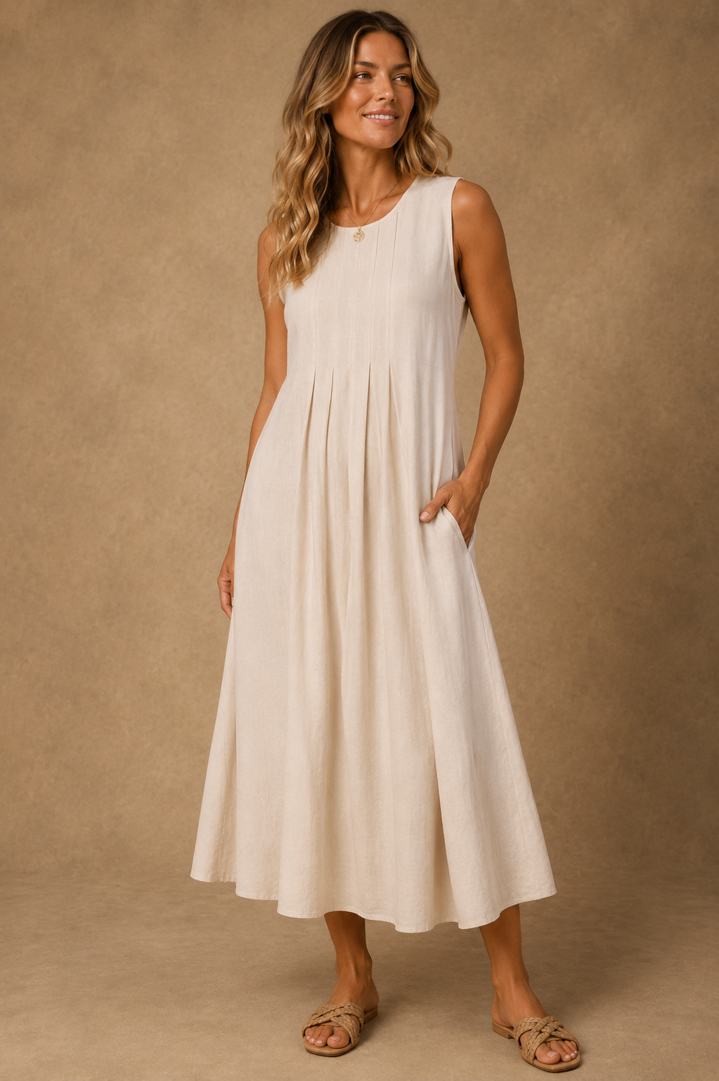 Emi – Stone Sleeveless Midi Dress