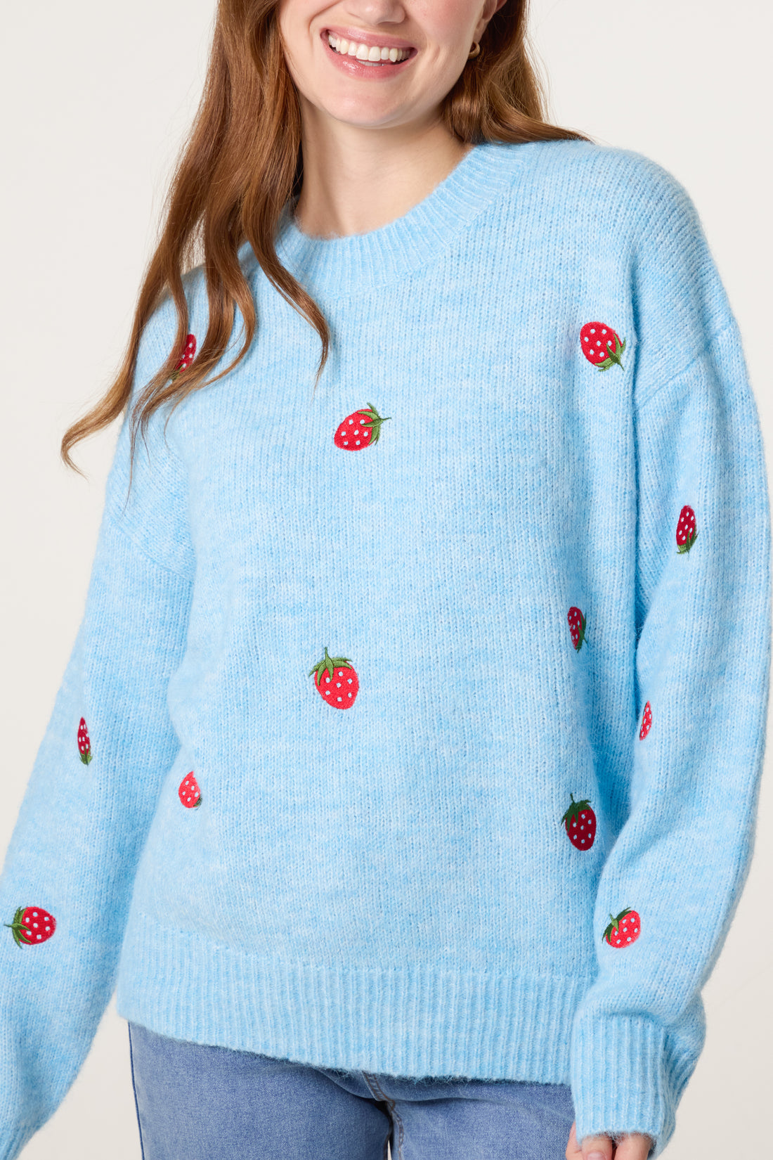 🍓Strawberry Embroidered Jumper — Blue