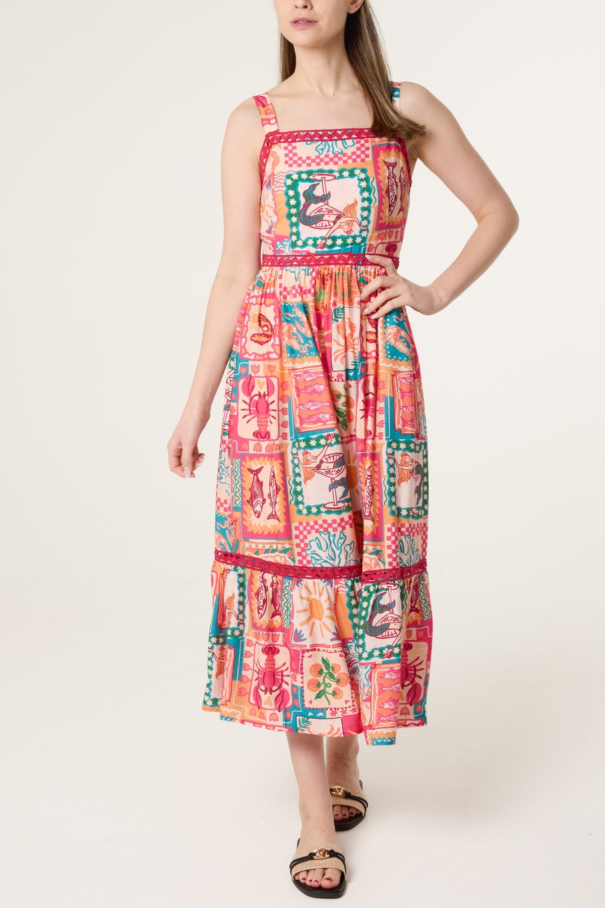 Clara Colourful Patchwork Tiered Midi Dress