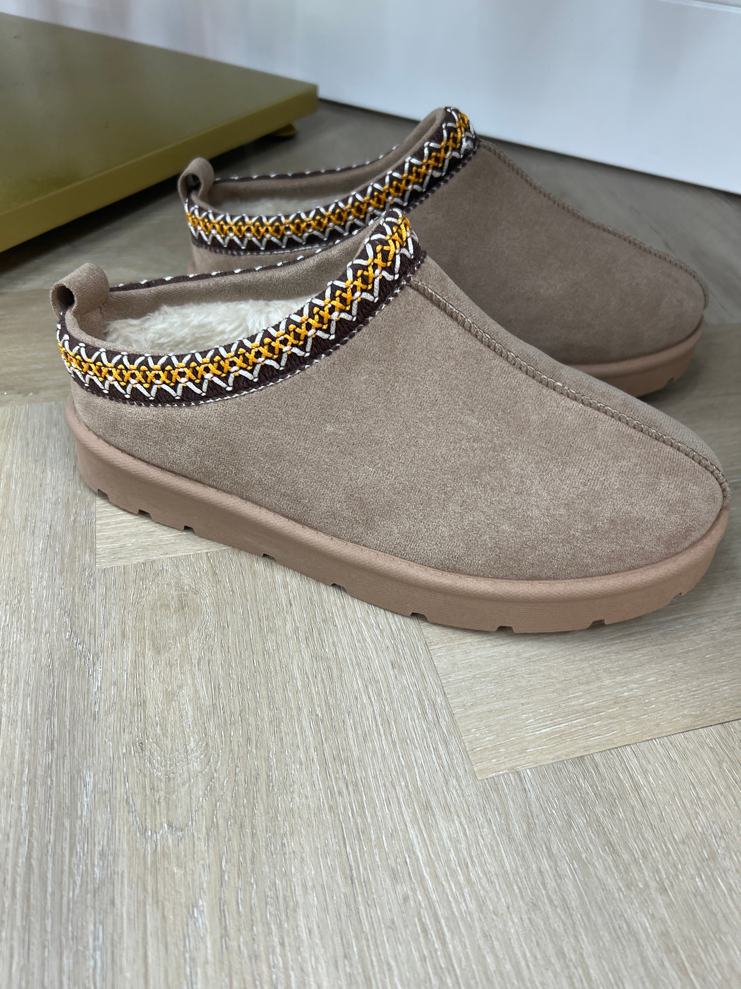 Camel Faux Suede fur lined mules
