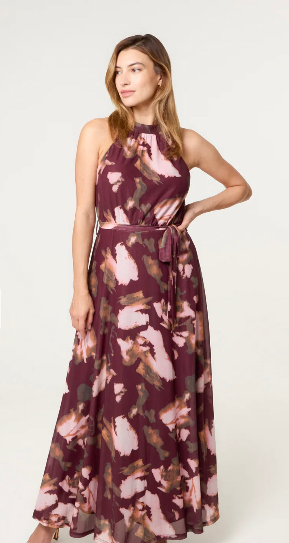Sierra Mesh Halterneck Belted Maxi Dress